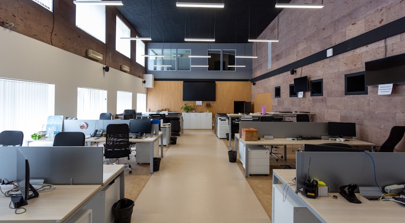 Commercial office with linear ceiling lighting